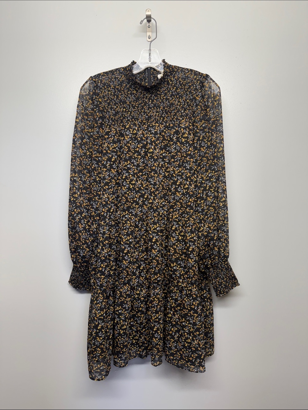 Whistles Black Midi Dress with Tan and Gray Floral Print